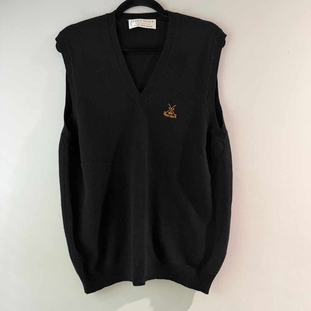 Lyle & Scott Sweater Vest Mens Large Black Good Wool‎ Prestwick Golf Scotland